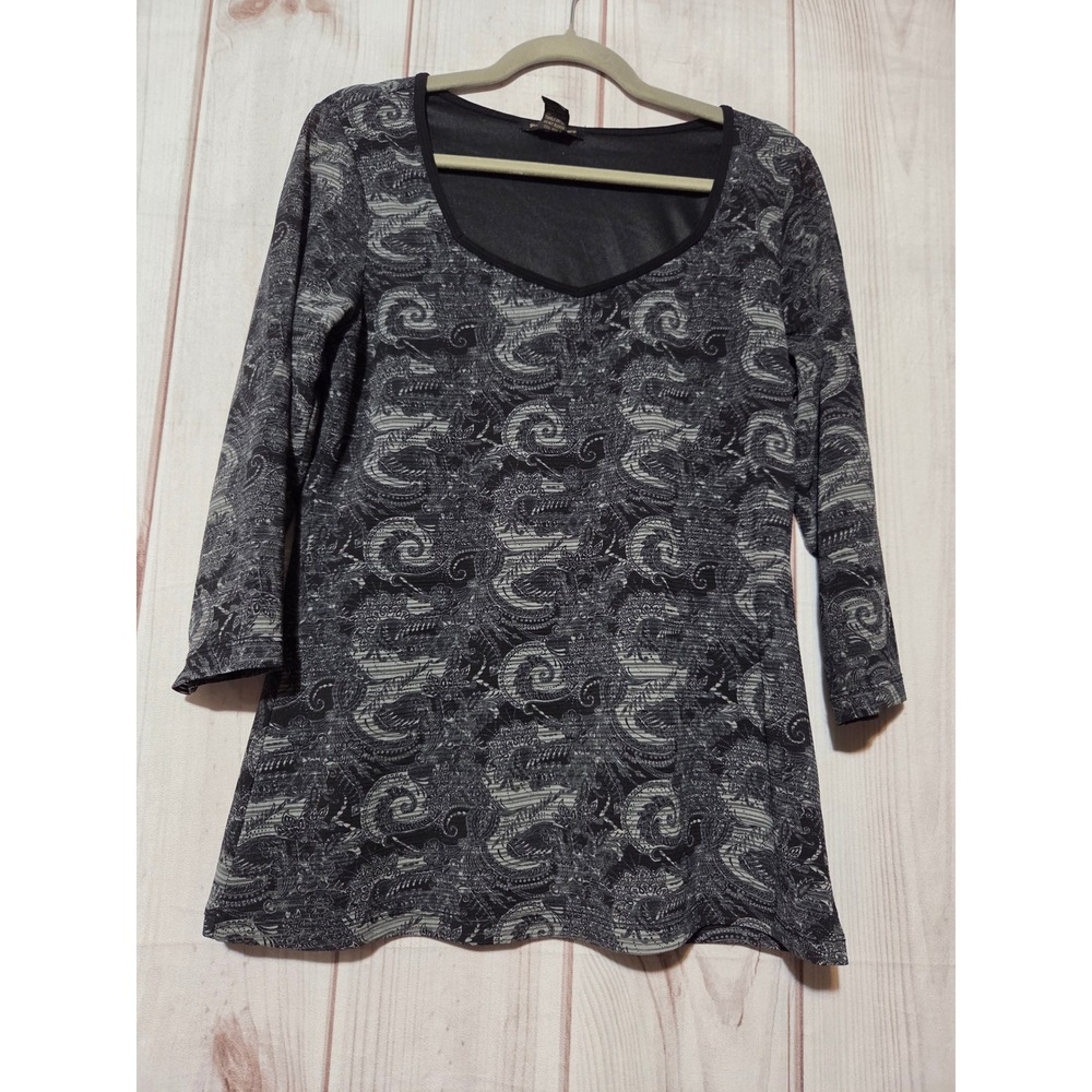 Susan Lawrence Grey Black Paisley Top Sweetheart 3/4 Sleeve Large Whimsigoth